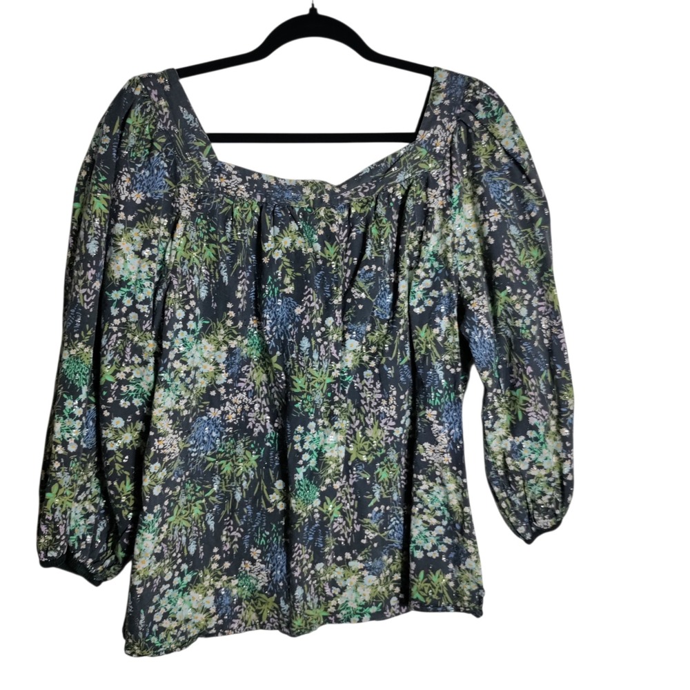 LC Lauren Conrad Floral Square Neck Puff Sleeve Blouse Metallic XL Black Multi